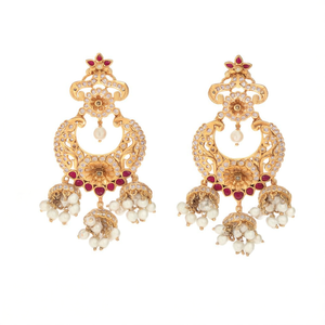 Vintage Brass Chandelier Earrings with Floral Peacock Pearl and Diamond Design - Product Image 1