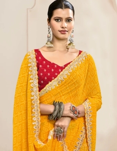 KV Women's Embroidered Reversible Wrinkle-Free Autumn Bollywood Georgette Printed <b>Saree</b> with Unstitched Blouse (<b>Yellow</b>) - Product Image 3