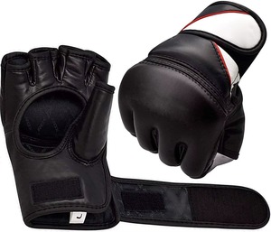 ถุงมือ MMA สีดำพรีเมียม พร้อมสายรัดข้อมือ ถุงมือสำหรับการฝึกซ้อมศิลปะการต่อสู้แบบมืออาชีพ ถุงมือชกมวยแบบเปิดฝ่ามือ - Product Image 1