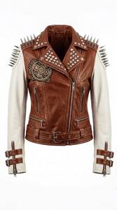 Brown Punk Style Studded <b>Leather</b> Motorcycle <b>Jacket</b> <b>Men</b> Plus Size Turn-down Collar Zipper Regular Sleeve Embroidered Patch Design - Product Image 2