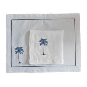 Juego de Manteles Individuales y Servilletas Bordados Lavables a Máquina, Diseño de Palmera Azul, Poliéster/Lino, Estilo Bohemio para el Hogar y Bodas, Venta al Por Mayor Personalizada - Product Image 1