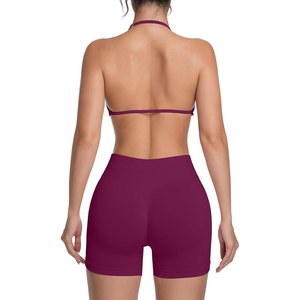 Ensemble de yoga 2 pièces violet uni sans coutures : Soutien-gorge de sport dos nu et short taille haute respirant extensible dans les quatre sens - Product Image 3