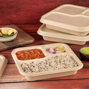 Plateau repas 3 compartiments en pulpe moulée jetable, de qualité supérieure, avec couvercle, en bagasse, Oceanic Global, pour usage commercial alimentaire - Product Image 2