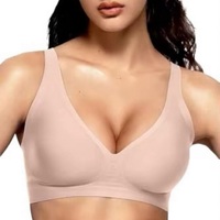 Soutien-gorge sans couture à col en V pour femme avec coussinets intégrés, maintien moyen, dentelle, écologique, transparent, lavage à la main, lingerie rose