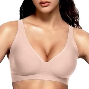 Soutien-gorge sans couture à col en V pour femme avec coussinets intégrés, maintien moyen, dentelle, écologique, transparent, lavage à la main, lingerie rose - Product Image 1