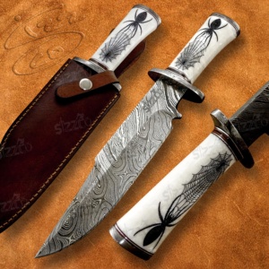 Couteau de chasse et de survie Bowie OEM personnalisé, fait main, en acier Damas SIZZCO, gravé motif toile d'araignée, avec manche en résine perlée et étui en cuir, pour activités de plein air - Product Image 1