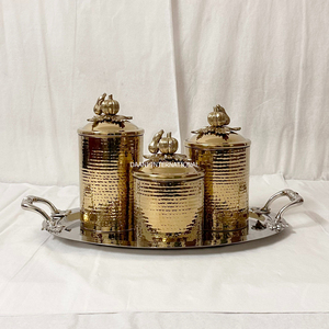 Elegant Metal <b>Jar</b> Set Matching Tray Gold Silver Pumpkin Lids Airtight Spice <b>Storage</b> Canister Set Hammered Effect <b>for</b> <b>Kitchen</b> - Product Image 4