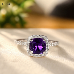 Bague de fiançailles pour femme en argent sterling 925 avec pierre précieuse violette taille coussin, halo de moissanite, bijoux de mariage - Product Image 1