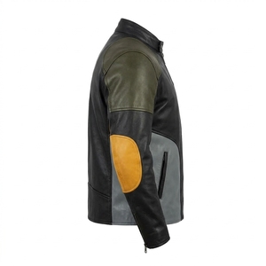 Mens Multi Colorblock Leather Biker Jacket Olive <b>Green</b> Rust Orange Grey Panel Elbow Patch Snap Collar <b>Motorbike</b> Apparel - Product Image 3