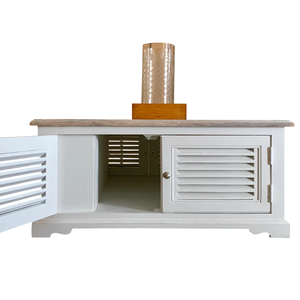 Mesa de Centro de Madera de Mango Sólida de Estilo Industrial en Acabado Blanco y Natural con Características de Gabinete, Hecha a Mano para Sala de Estar - Product Image 4