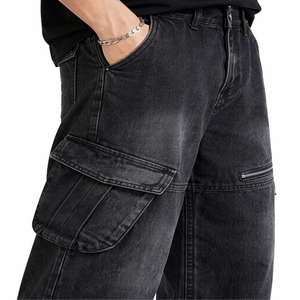 Pantalones Cargo de Mezclilla para Hombre, Cintura Media, Corte Holgado, Lavado a la Piedra, con Bolsillos con Cremallera, Estilo Casual Urbano, para Verano - Product Image 4