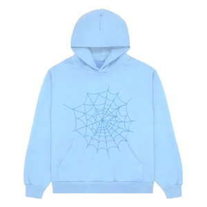 Sudadera con capucha de punto con cremallera 100% algodón azul claro, estampado de telaraña, moda de invierno, técnica lavada, impermeable y transpirable - Product Image 1
