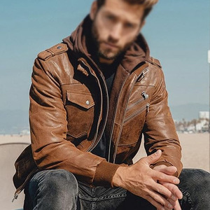 Veste en cuir marron pour homme Comfortex International, style motard, avec capuche amovible, veste en cuir décontractée et tendance pour homme - Product Image 3