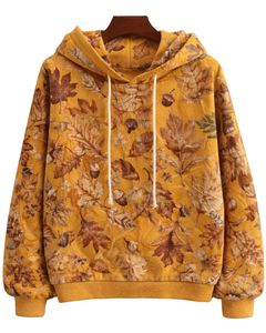 Sudadera con Capucha para Mujer, Estampado de Hojas Otoñales Amarillo Mostaza, Felpa de Algodón, Estilo Casual, Fabricante Personalizado, Proveedor de Ropa al por Mayor - Product Image 1