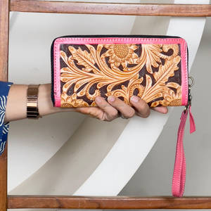 Western Luxury Style Tooled Leather Sunflower Design Cute Pink <b>Zip</b> Pattern Clutch Multiple Use For Ladies Credit Holder <b>Wallet</b> - Product Image 2