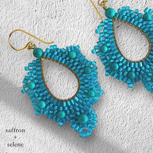 Saffron + Selene Handmade Beaded <b>Earrings</b> Turquoise Blue Gold Hook Fashion Statement Jewelry - Product Image 2