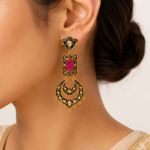 Wholesale Royal Blue Meenakari Chandbali <b>Earrings</b> Carved <b>Red</b> Stone Rectangle <b>Drop</b> <b>Earrings</b> Indian Polki Kundan Jewelry - Product Image 4