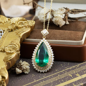 925 Sterling Silver Gold Plated Green <b>Emerald</b> <b>Pendant</b> Necklace Lab Grown Diamond Halo Statement Jewelry - Product Image 6