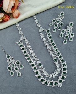 Double Layered Radiant Cut Stone Stuuded <b>Fashion</b> <b>Necklace</b> Set With Matching Earring Mang Tika Silver Plated Jewelry Set Supplier - Product Image 5
