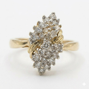 Bague Cocktail Bypass en Or Jaune Massif 14K de Style Vintage Faite à la Main avec Grappe de Diamants en Forme de Marquise pour Femme, Bague Empilable - Product Image 5