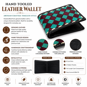 Hand Tooled Leather <b>Wallet</b> Handmade Checkered Pattern Bifold <b>Wallet</b> Genuine Leather Men's <b>Wallet</b> - Product Image 5