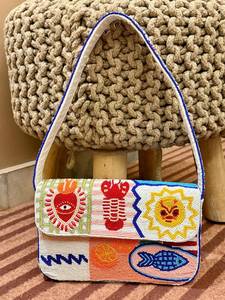 Handmade Rectangular Canvas Handbag With Colorful Embroidered Symbols And Blue <b>Trim</b> - Product Image 5