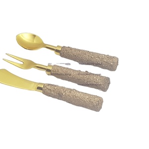 <b>Golden</b> Blade With Brown Graver Stone Handle Flatware <b>Set</b> 2023 Royal Decorative Antique Finishing Decorative Handle <b>Cutlery</b> <b>Set</b> - Product Image 1