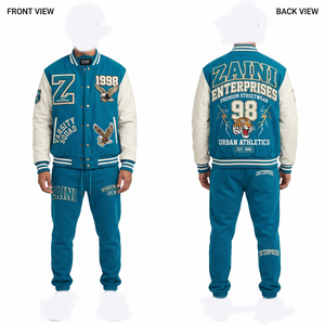 Premium 400 GSM Cotton Polyester Fleece Varsity Tracksuit Teal White Custom <b>Embroidery</b> Chenille Patch Apparel - Product Image 1