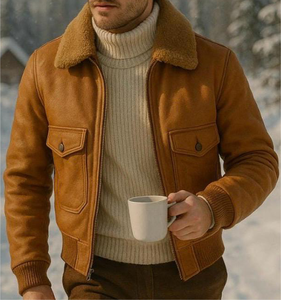 Veste en cuir véritable originale pour homme, classique, tendance, col montant, logo sur le devant, respirante, hiver - Product Image 4