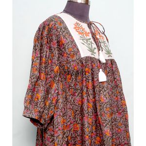 Summer Boho A-Line Midi <b>Dresses</b> 2-Piece Sweet Floral Printed 100% Cotton V-neck Tassel Casual Loose Short Sleeves Natural - Product Image 5