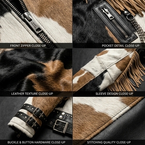 Chaqueta de cuero vacuno con flecos tricolor, estilo gótico, rockero, western, con pentagrama de cuentas, punk, oculto, heavy metal, proveedor personalizado - Product Image 6