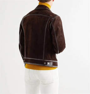 Chaqueta de cuero y gamuza vintage para hombre, estilo motociclista, para invierno, con cuello vuelto, forro de lana sintética de cordero, diseño frontal cálido - Product Image 3