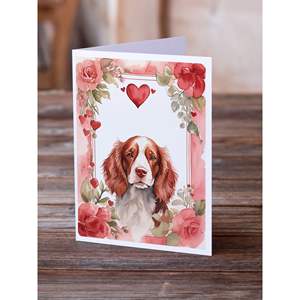 Whimsical Welsh Springer Spaniel y Valentine Roses Pack 8 A7 Tamaño 5x7 Tarjetas de felicitación en blanco con sobres para escribir notas - Product Image 2