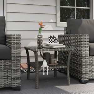 Tavolino da Caffè Pieghevole in Rattan per Esterni con 2 Ripiani, Tavolino Quadrato con Piano in Vetro Temperato e Telaio in Alluminio Grigio - Product Image 2