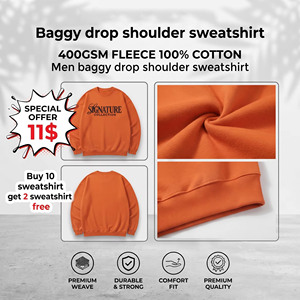 เสื้อสเวตเชิ้ตผู้ชายทรงโอเวอร์ไซส์ ไหล่ตก ผ้าฟลีซ 400GSM 100% คอตตอน คอกลม สวมหัว สไตล์แบ็กกี้ เสื้อกันหนาวแฟชั่นสตรีทแวร์ - Product Image 6
