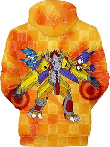 Sudadera con Capucha Sublimada para Hombre, Diseño de Dibujos Animados, Impresión por Transferencia, Corte Regular, Estilo Casual, Patrón Naranja y Amarillo, Logotipo en la Espalda - Product Image 3
