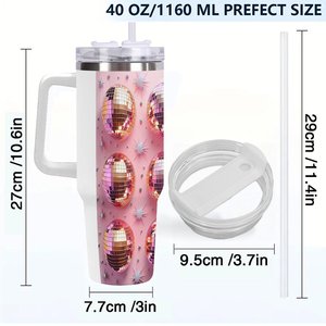 Vaso de acero inoxidable de 40 oz con asa y diseño de bola de discoteca rosa para uso en la oficina - Product Image 4