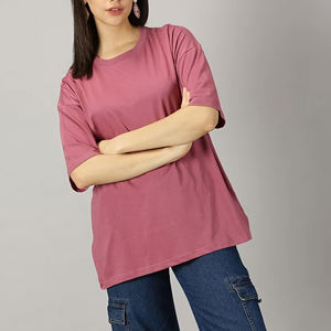T-shirt en coton rose pour femmes grandes tailles, col rond, manches courtes, coupe ample, couleur unie, jersey décontracté, respirant, toutes saisons - Product Image 4