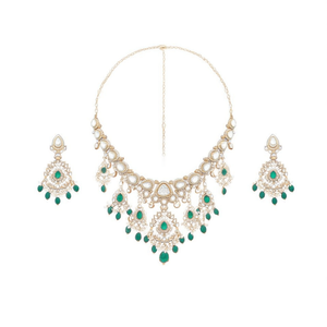 Kundan and Beads Semi-<b>Bridal</b> Necklace <b>Set</b> with Earrings-Gemstone <b>Jewelry</b> Gift - Product Image 2