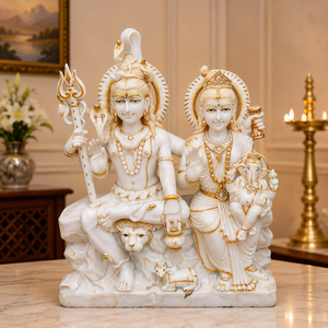 Murti de mármol de Shiva y Parvati con Ganesh |   Estatua de Shiva Parvati en Mármol Blanco |   Ídolo de Dios Tallado a Mano en Mármol por MALIYAS Jaipur - Product Image 1