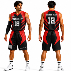 Ensemble de maillots de basket-ball pour hommes SINEWY, sublimé, col en V, sans manches, séchage rapide, uniforme rouge et noir, nom de l'équipe 12, logo personnalisé - Product Image 1