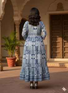 Robe longue Anarkali à imprimé géométrique bleu et blanc, Kurti traditionnel indien en coton, robe longue ethnique, robe évasée, style festif - Product Image 3