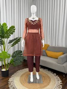 Layered Indian Pakistani Clothing Set Sheer Long Sleeve <b>Top</b> Solid Tunic <b>Net</b> Unstitched Outfit for Festival Wear - Product Image 1