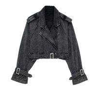 Veste en jean courte pour femme, manches longues, ceinturée, boutonnée, délavée, écologique, style vintage, coupe-vent, décontractée, automne