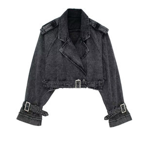 Women's <b>Cropped</b> <b>Denim</b> <b>Jacket</b> Long Sleeve Belted Crop Top Stone washed Cotton Casual Autumn Style <b>Jacket</b> For Women's - Product Image 1