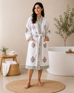 Peignoir midi élégant 100% Coton, imprimé floral au bloc, respirant, brodé, tricoté, décontracté, pour le printemps et l'été, vêtement d'intérieur, taille naturelle - Product Image 2