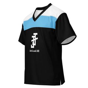 Maillot de football unisexe noir, bleu et blanc en mesh, manches courtes, col en V, logo personnalisé, respirant, pour équipes sportives, vente en gros - Product Image 5