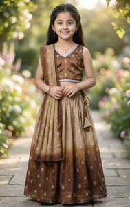 Conjunto de Lehenga Choli para Niños de Shoryam Fashion para Bodas y Fiestas de Diwali |   Blusa sin mangas hasta el suelo con brillo degradado marrón - Product Image 2