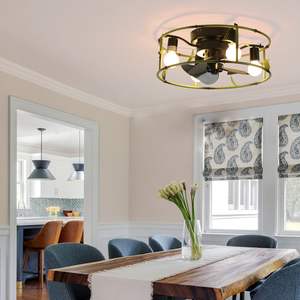 19" Green Industrial <b>LED</b> <b>Ceiling</b> <b>Fan</b> Light Flush Mount Caged Design 3-Light Rustic 6-Speed Reversible DC Motor Silent Remote - Product Image 5