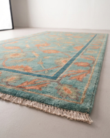 Tapis DECORDEC Oushak Turquoise, motif floral corail, bordure botanique, 100% laine de Nouvelle-Zélande, tufté à la main, pour salon, hôtel